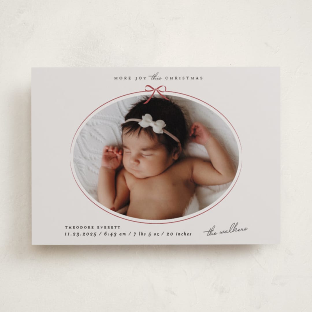 "More joy" - Holiday Birth Announcement Cards in Berry by Maja Cunningham - Front
