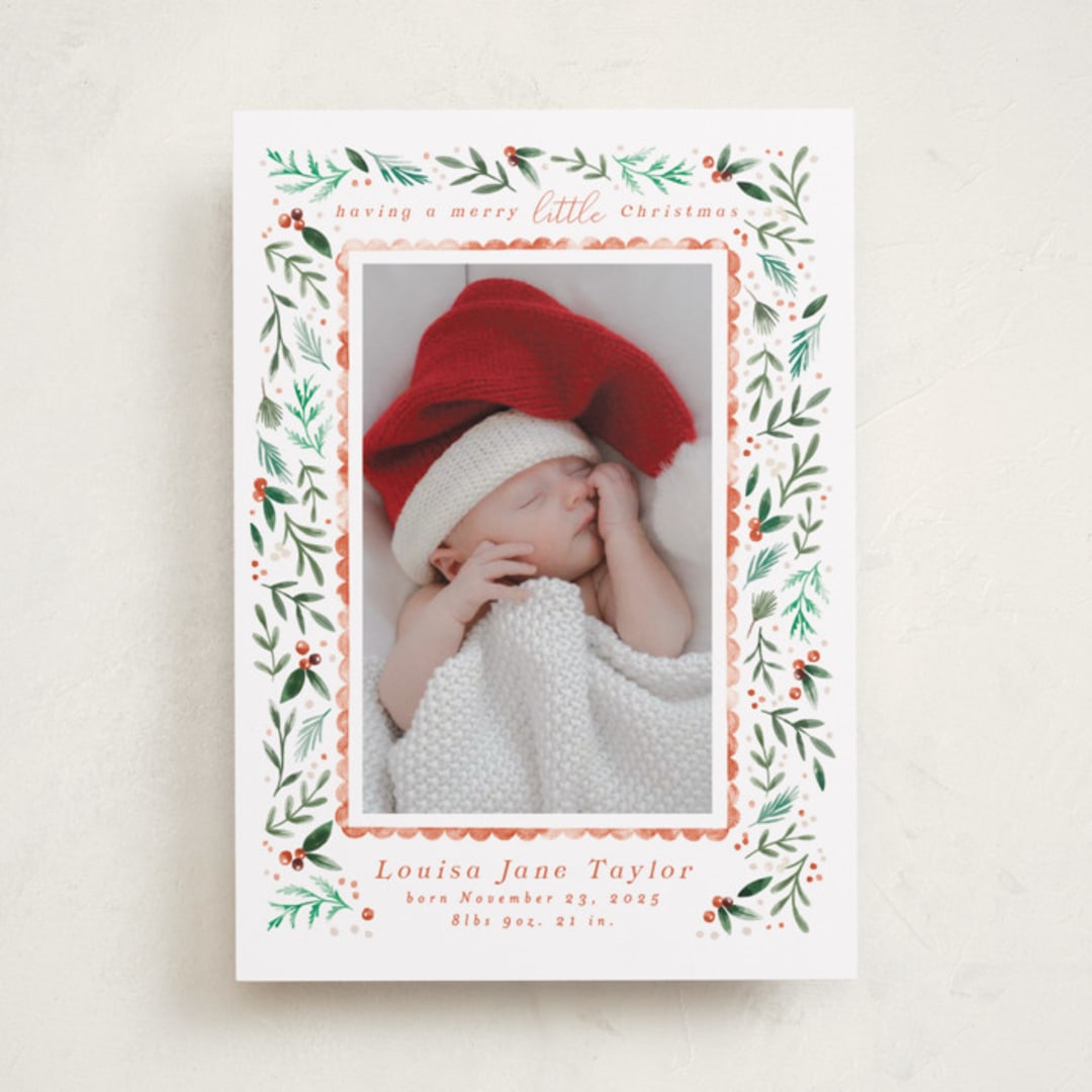 "Merry Little Christmas Greenery" - Holiday Birth Announcement Cards in Tangerine by Alethea and Ruth - Front