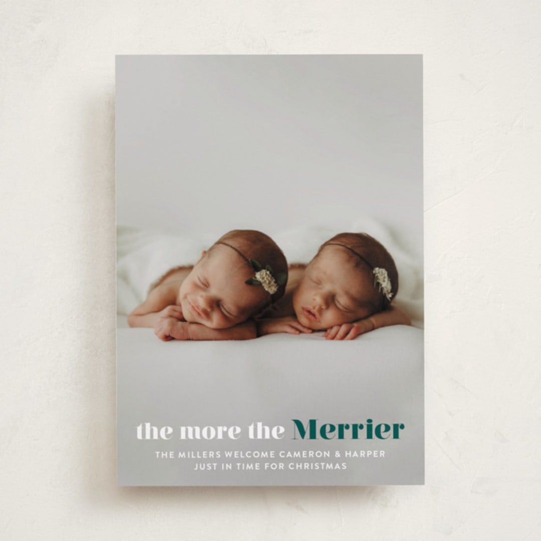 "a merry addition" - Holiday Birth Announcement Cards in Spruce by Liz Conley - Front