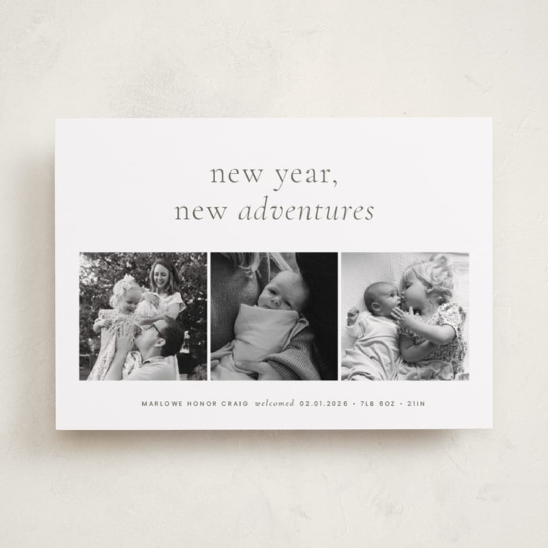 "Awaits" - Holiday Birth Announcement Cards in Forest by Blustery August - Front