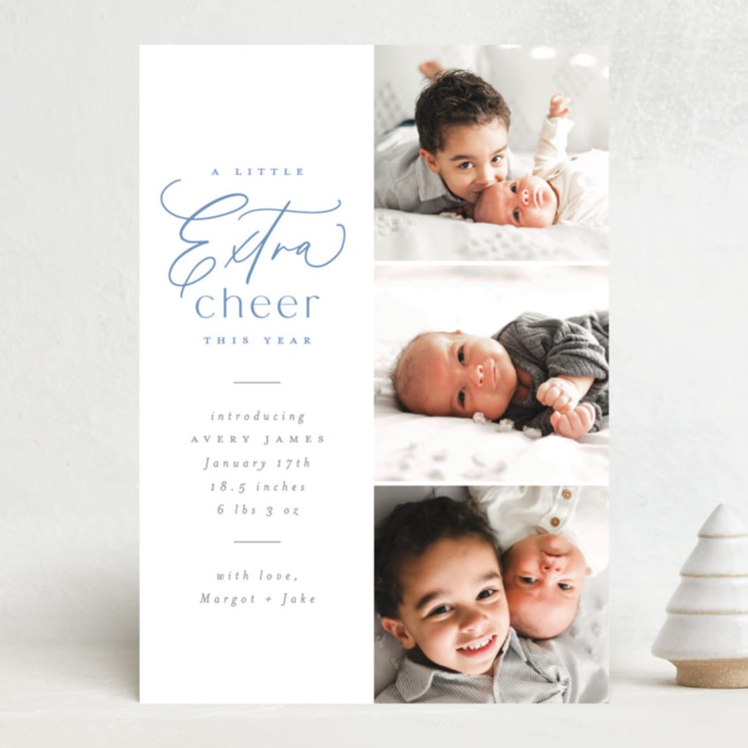 "Extra Cheer Here" - Holiday Birth Announcement Cards in Sky by Everett Paper Goods - Front