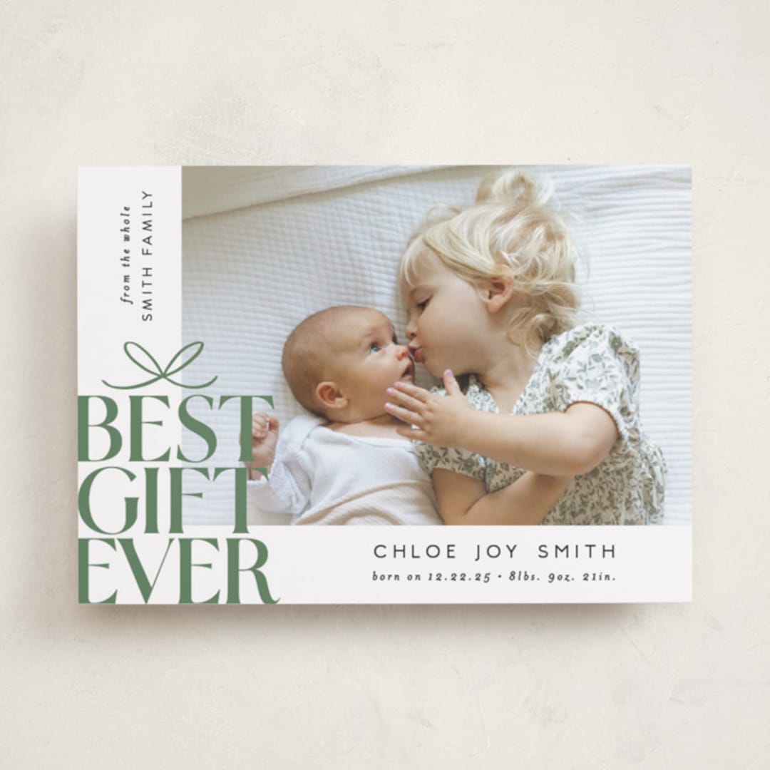 "Best Gift Ever bow" - Holiday Birth Announcement Cards in Sage by Alethea and Ruth - Front