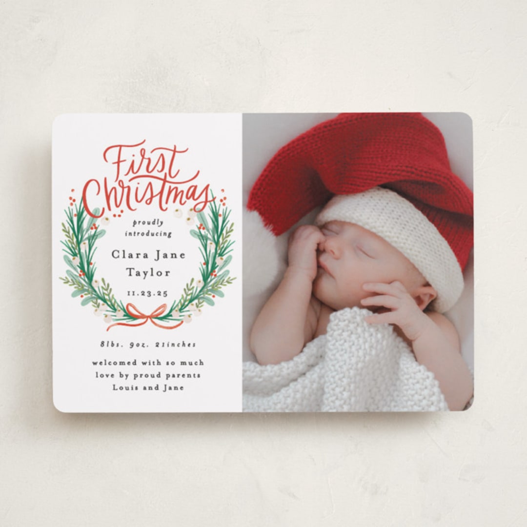 "First Christmas Wreath" - Holiday Birth Announcement Cards in Berry by Alethea and Ruth - Front