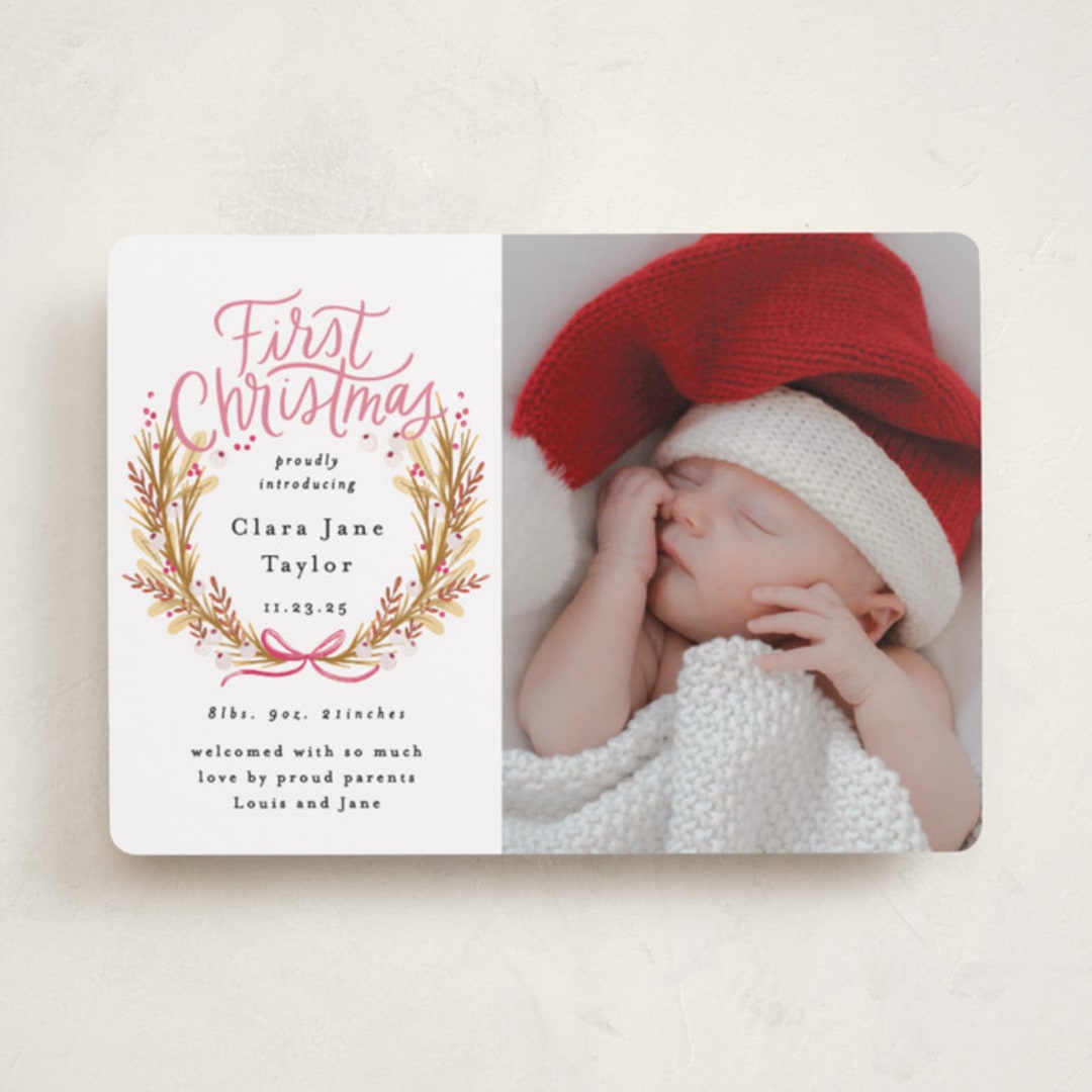 "First Christmas Wreath" - Holiday Birth Announcement Cards in Winter Rose by Alethea and Ruth - Front