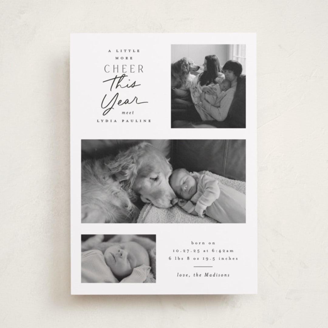 "Merrier This Year" - Holiday Birth Announcement Cards in Snow by Everett Paper Goods - Front
