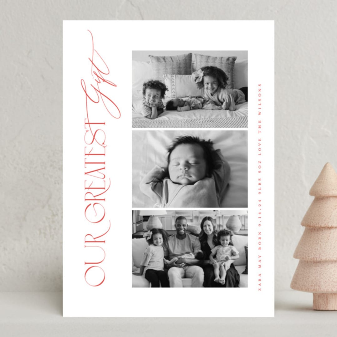 "Greatest Gift" - Holiday Birth Announcement Cards in Santa Suit by Benita Crandall - Front