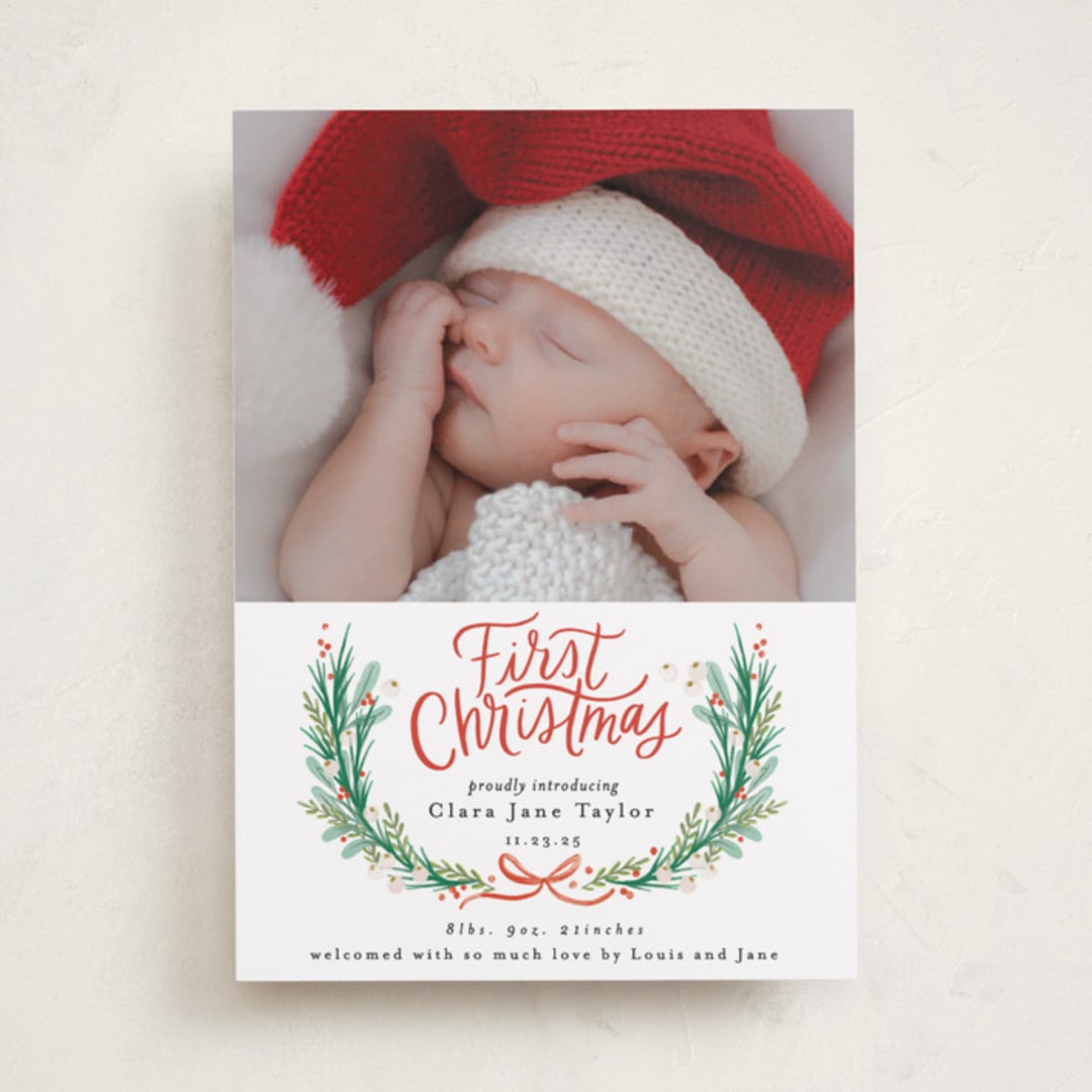 "First Christmas Wreath" - Holiday Birth Announcement Cards in Berry by Alethea and Ruth - Front