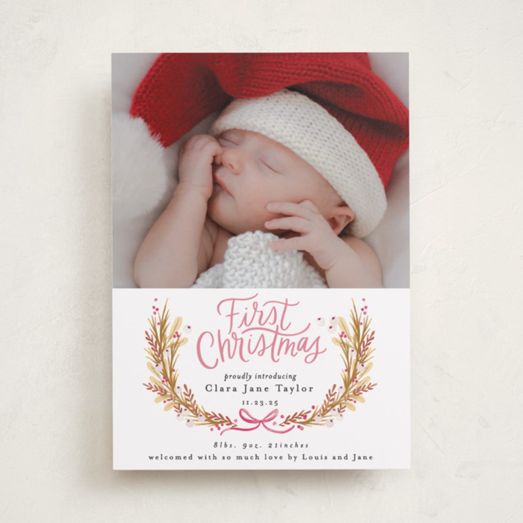 "First Christmas Wreath" - Holiday Birth Announcement Cards in Winter Rose by Alethea and Ruth - Front