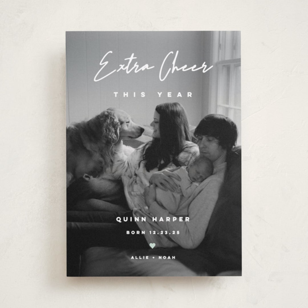 "Extra Cheer" - Holiday Birth Announcement Cards in Snow by fatfatin - Front