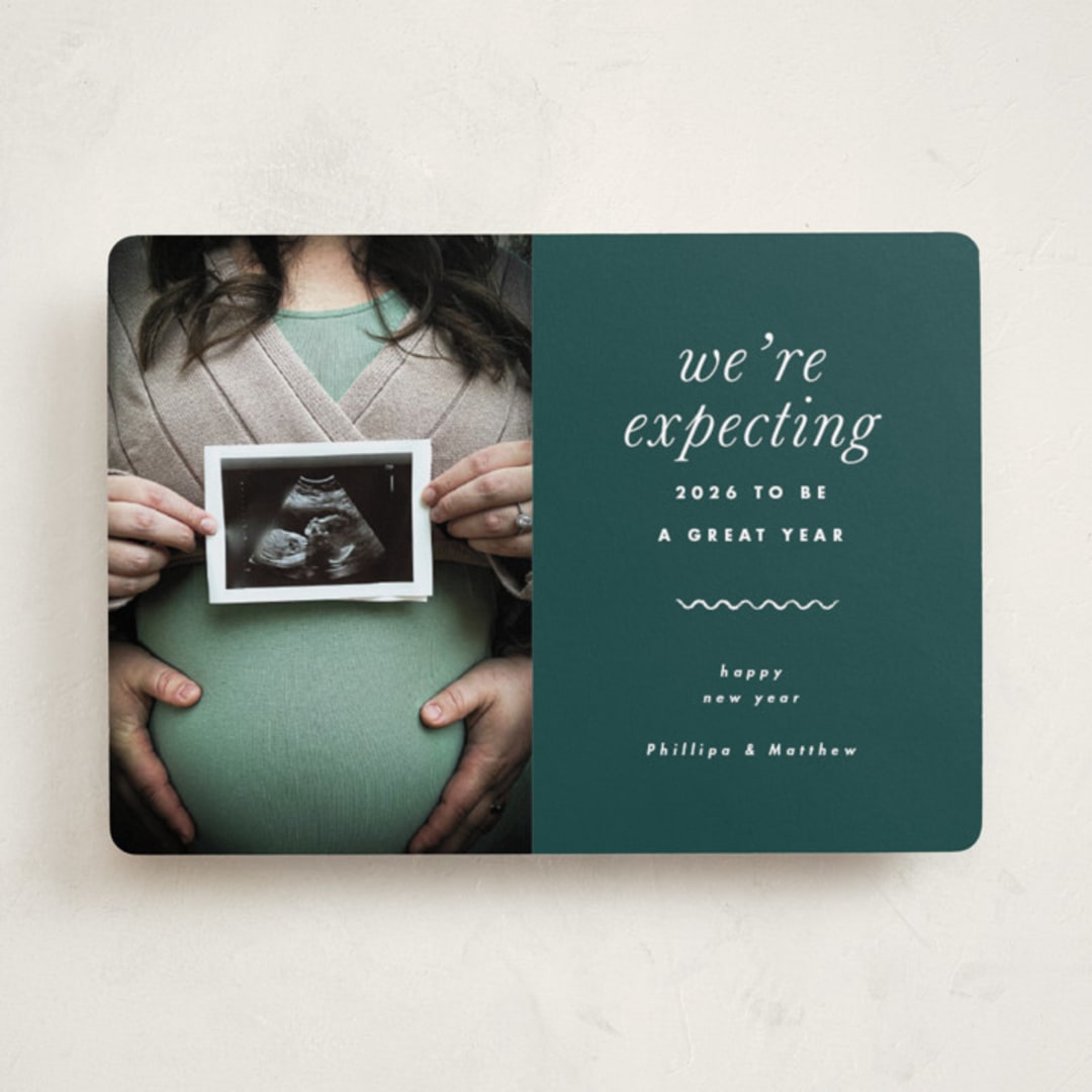 "Expecting" - Holiday Birth Announcement Cards in Ivy by Corinne Malesic - Front