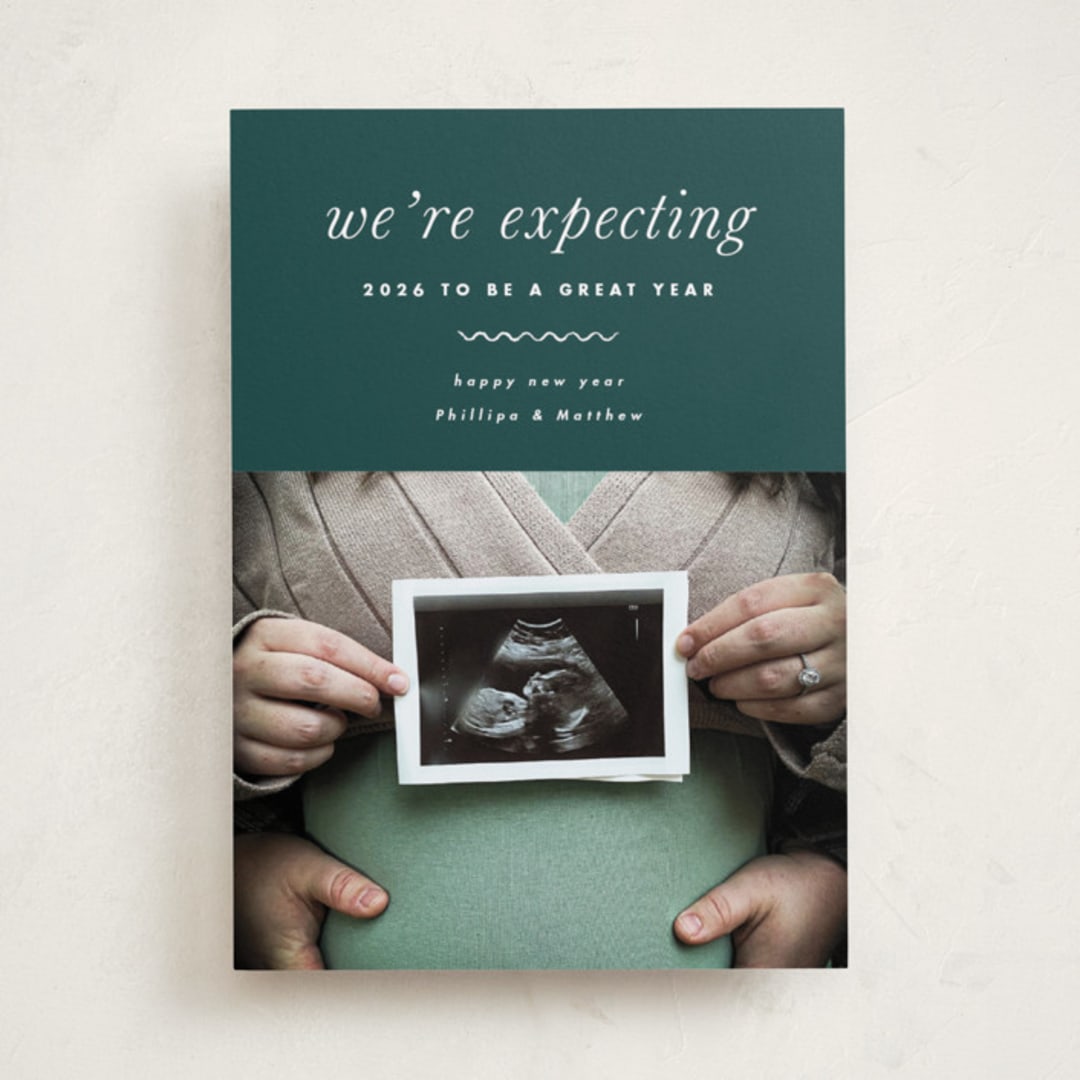 "Expecting" - Holiday Birth Announcement Cards in Ivy by Corinne Malesic - Front