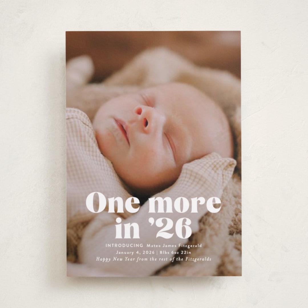 "There is one more" - Holiday Birth Announcement Cards in Snow by Jackie Crawford - Front