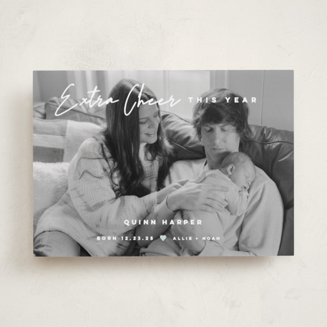 "Extra Cheer" - Holiday Birth Announcement Cards in Snow by fatfatin - Front