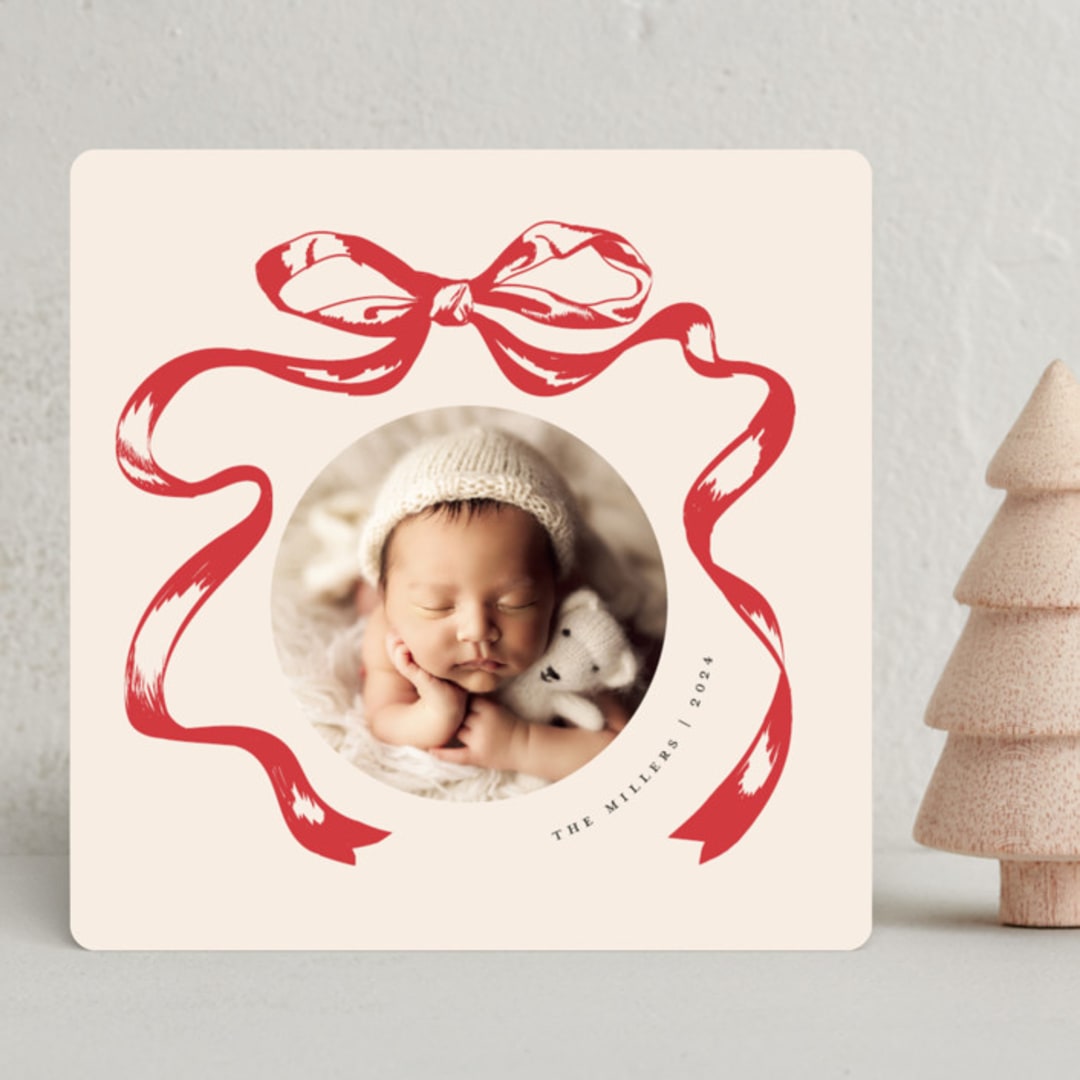 "Big Vintage Bow" - Holiday Birth Announcement Cards in Santa Suit by Teju Reval - Front