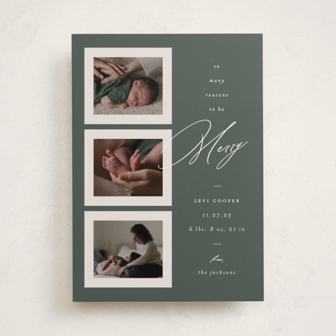 "So Many Reasons" - Holiday Birth Announcement Cards in Fir by Ashley Iwafuchi - Front