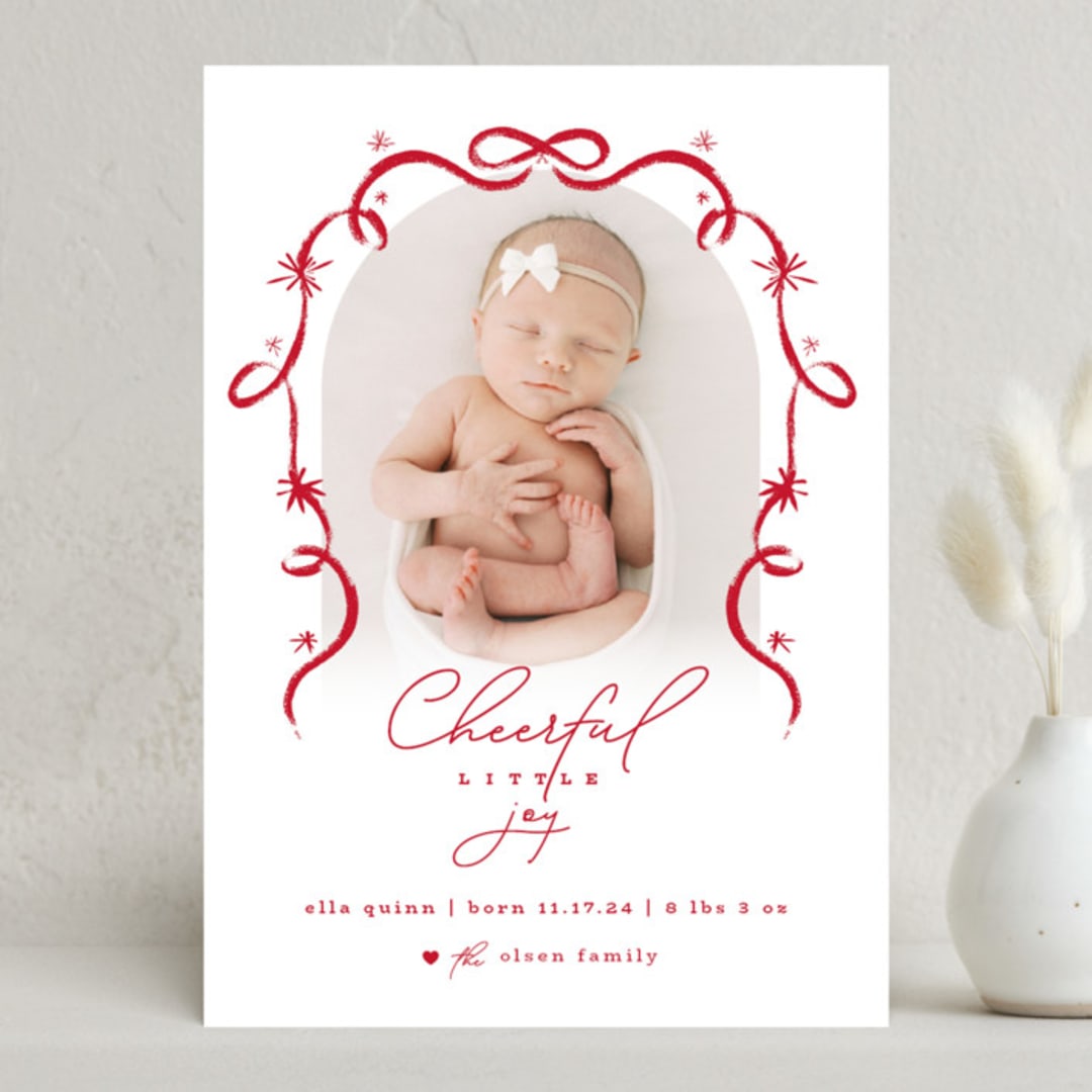 "Ribbons And Joy" - Holiday Birth Announcement Cards in Berry by fatfatin - Front