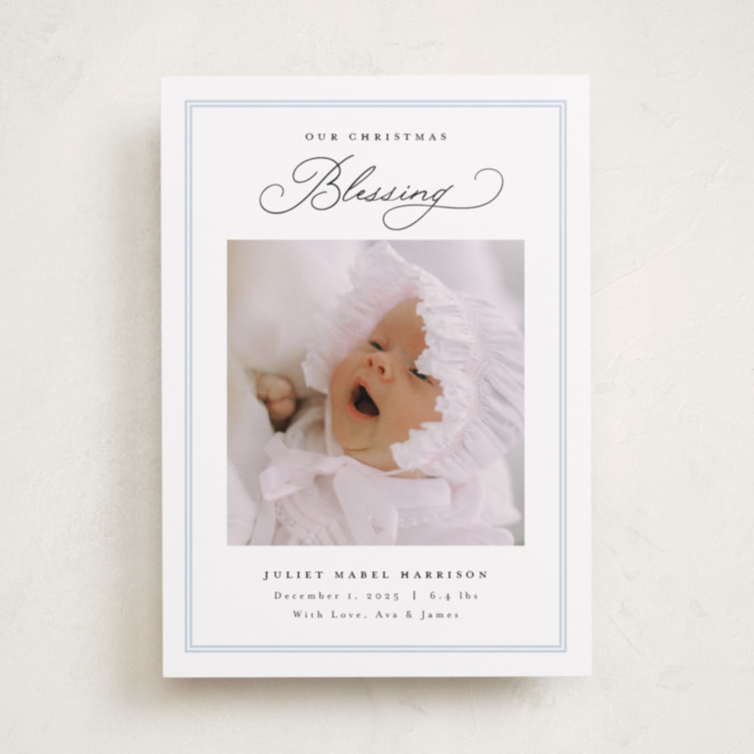 "Christmas Blessing" - Holiday Birth Announcement Cards in Sky by Nicoletta Savod - Front