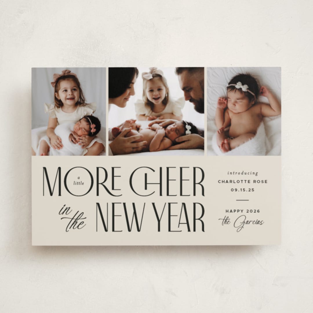 "More Cheer" - Holiday Birth Announcement Cards in Vanilla by Heather Schertzer - Front