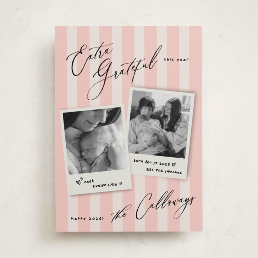 "Extra" - Holiday Birth Announcement Cards in Berry by Vivian Yiwing - Front