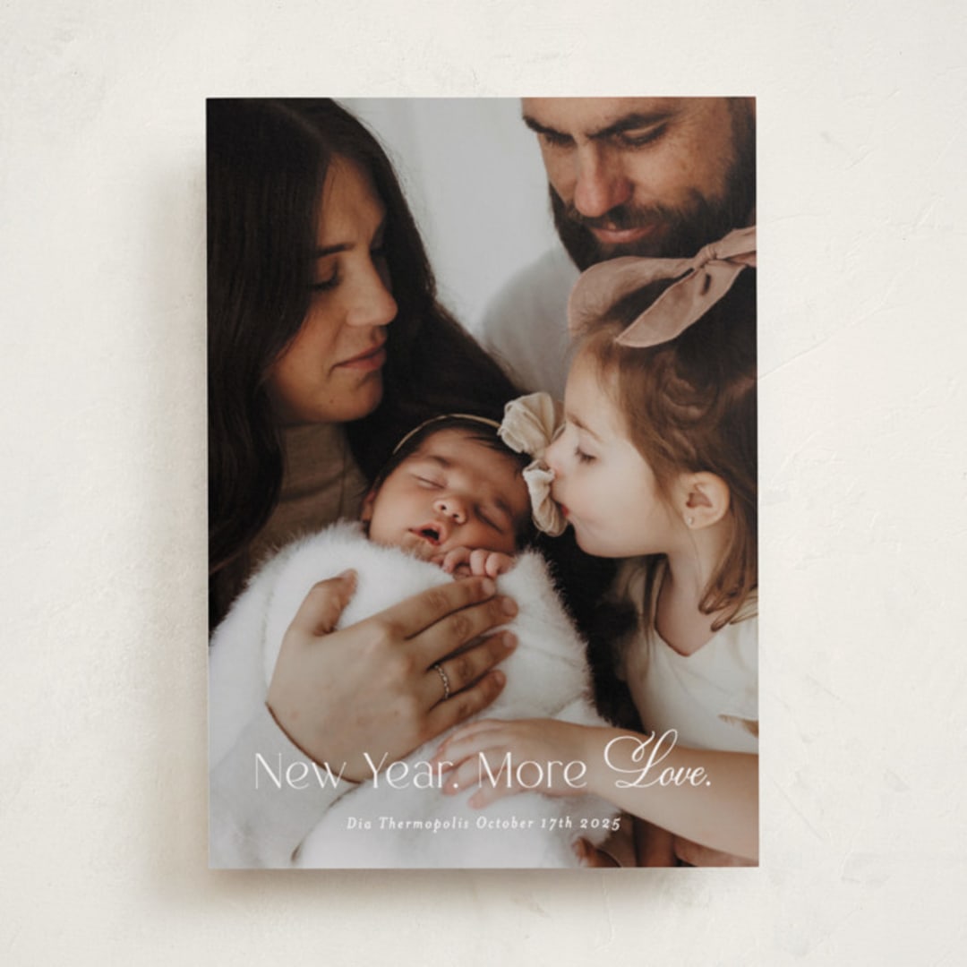 "More Love" - Holiday Birth Announcement Cards in Snow by Angela Garrick - Front