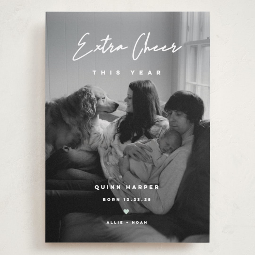 "Extra Cheer" - Holiday Birth Announcement Cards in Snow by fatfatin - Front