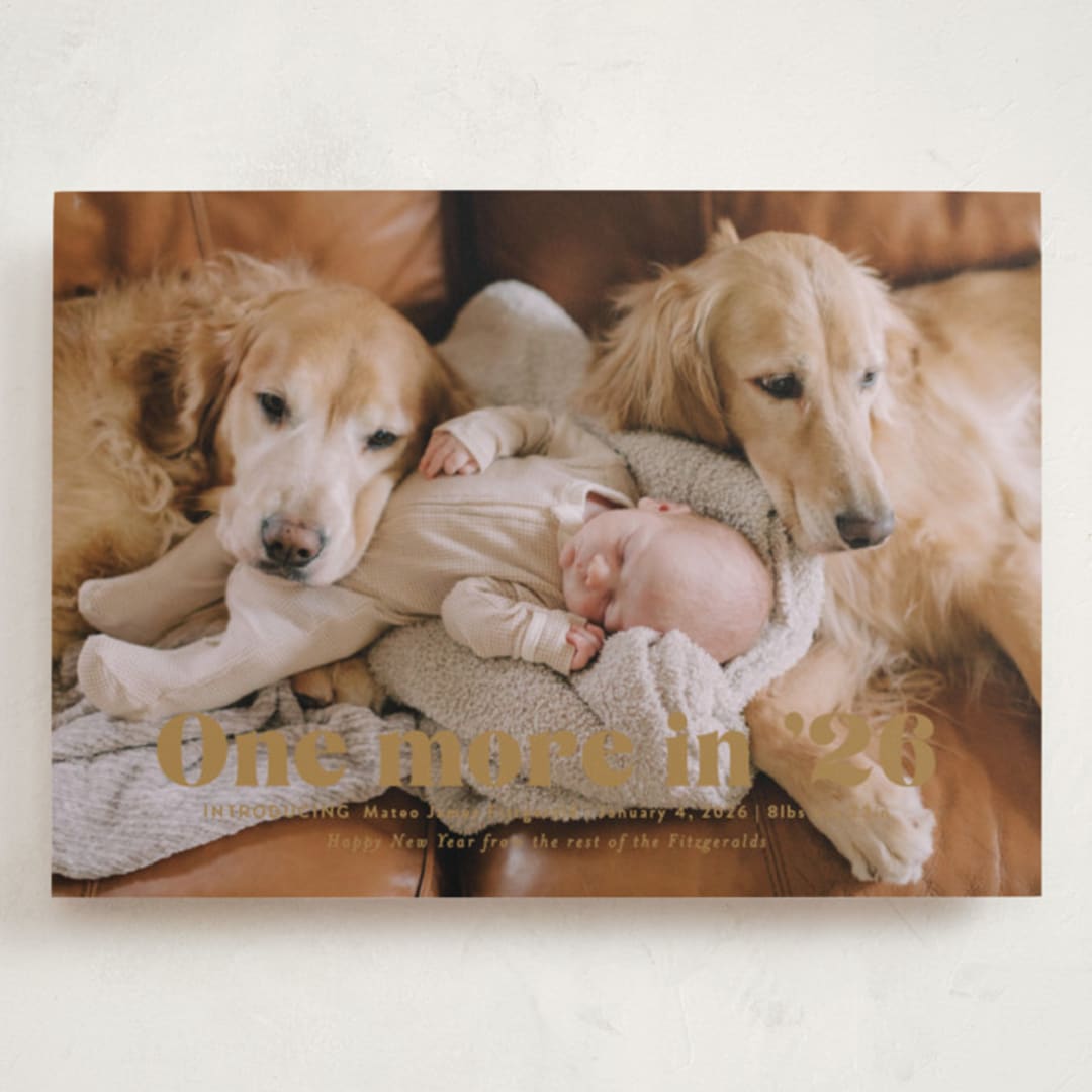 "There is one more" - Holiday Birth Announcement Cards in Butterscotch by Jackie Crawford - Front