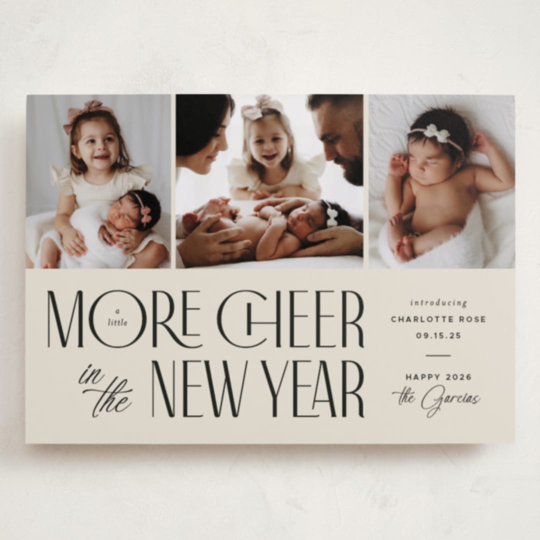 "More Cheer" - Holiday Birth Announcement Cards in Vanilla by Heather Schertzer - Front