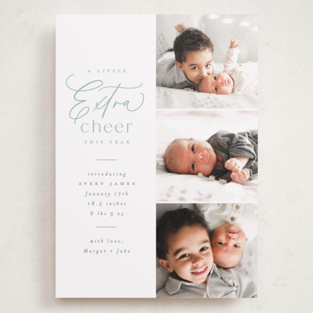 "Extra Cheer Here" - Holiday Birth Announcement Cards in Mint by Everett Paper Goods - Front