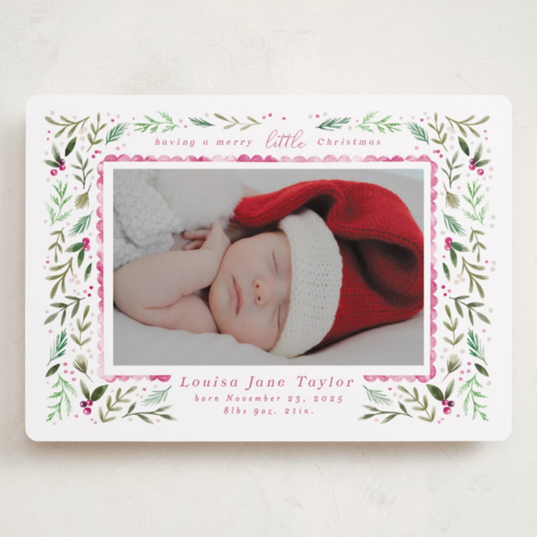 "Merry Little Christmas Greenery" - Holiday Birth Announcement Cards in Carnation by Alethea and Ruth - Front