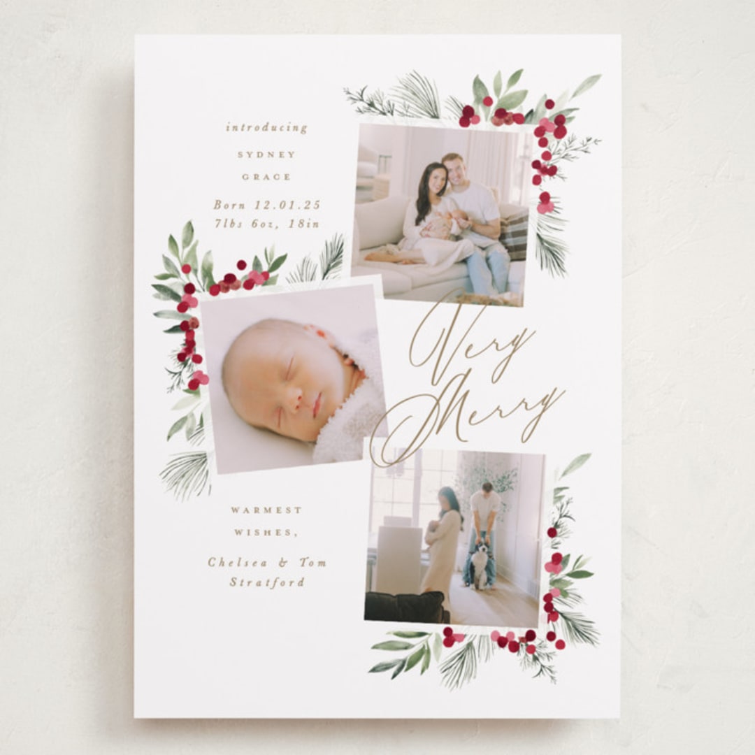 "Very Merry" - Holiday Birth Announcement Cards in Snow by Leah Bisch - Front
