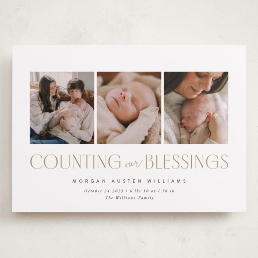 "Counting Those Blessings" - Holiday Birth Announcement Cards in Snow by Robert and Stella - Front