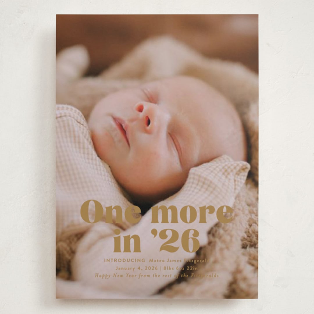 "There is one more" - Holiday Birth Announcement Cards in Butterscotch by Jackie Crawford - Front