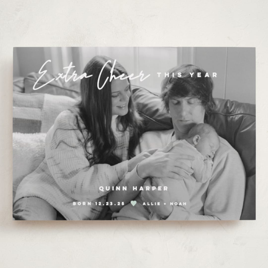 "Extra Cheer" - Holiday Birth Announcement Cards in Snow by fatfatin - Front