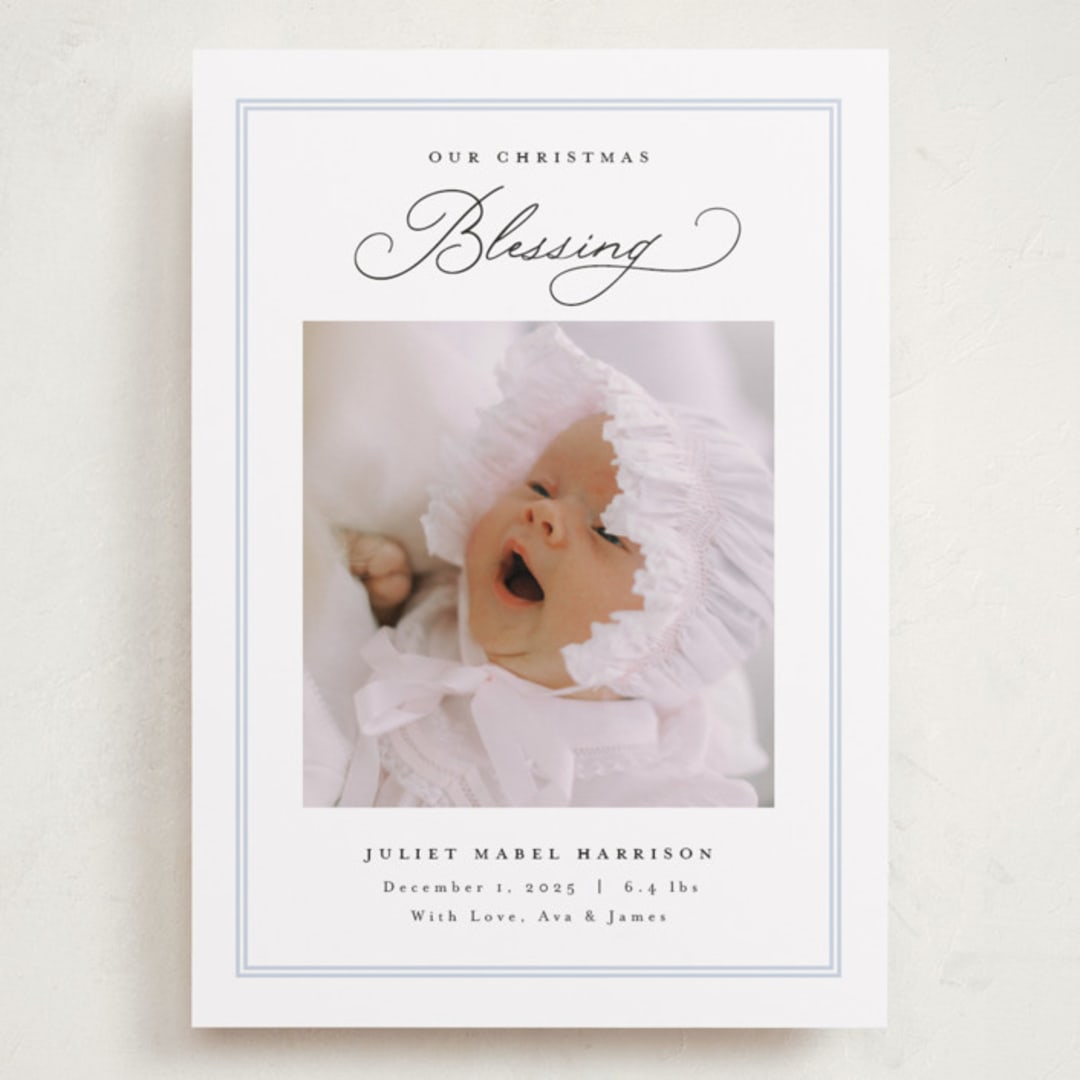 "Christmas Blessing" - Holiday Birth Announcement Cards in Sky by Nicoletta Savod - Front