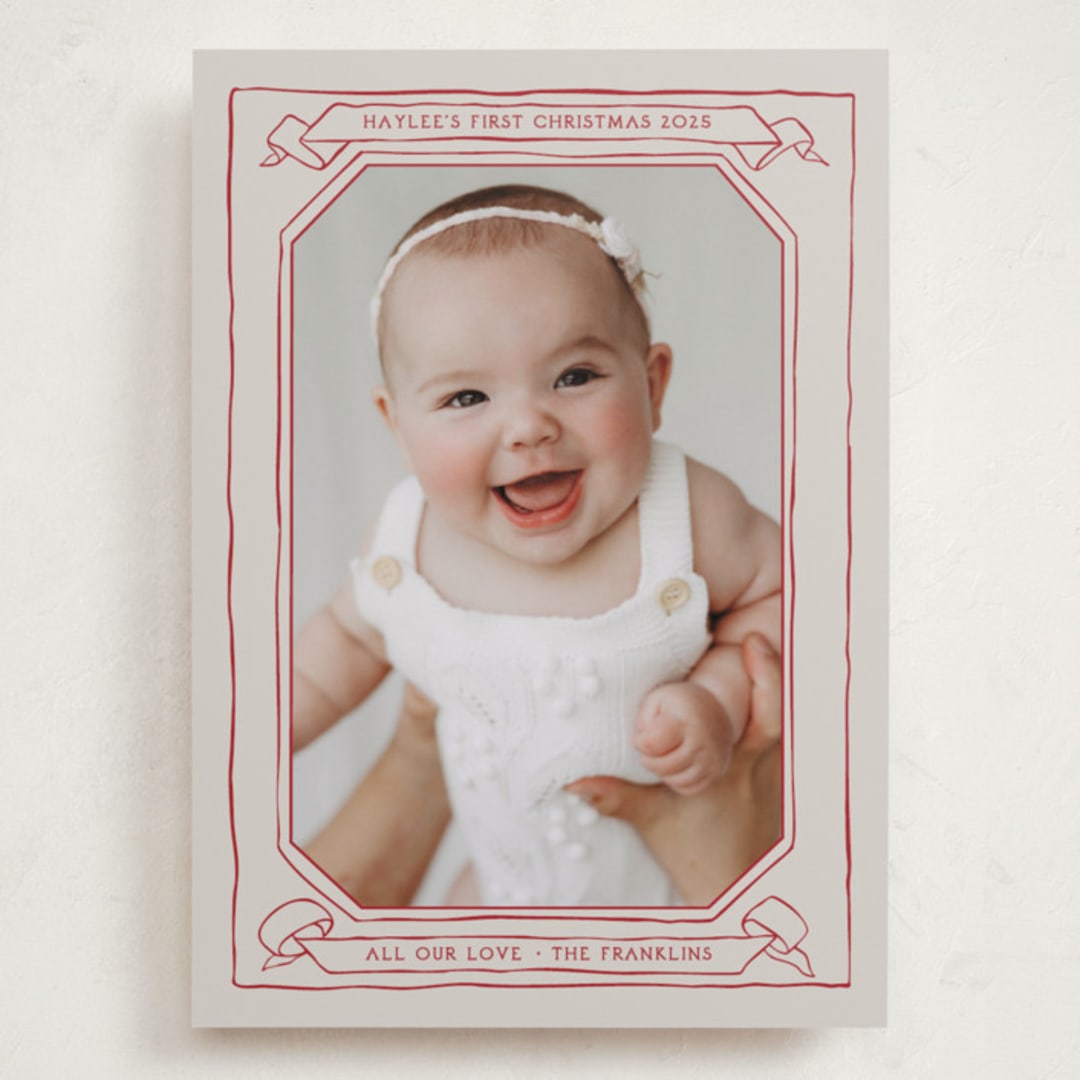 "Scroll" - Holiday Birth Announcement Cards in Berry by Inkblot Design - Front