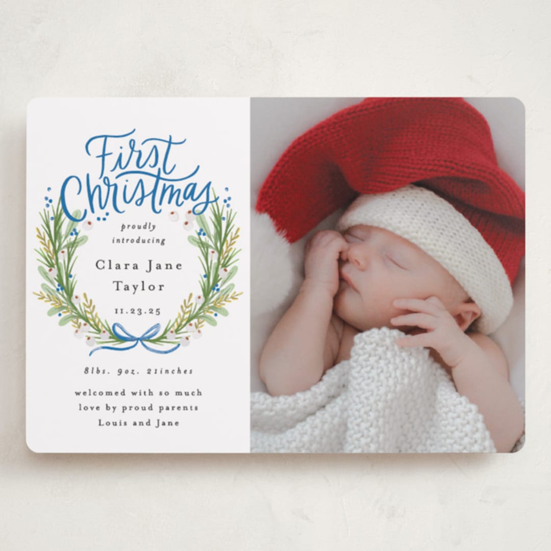 "First Christmas Wreath" - Holiday Birth Announcement Cards in Winter Sky by Alethea and Ruth - Front