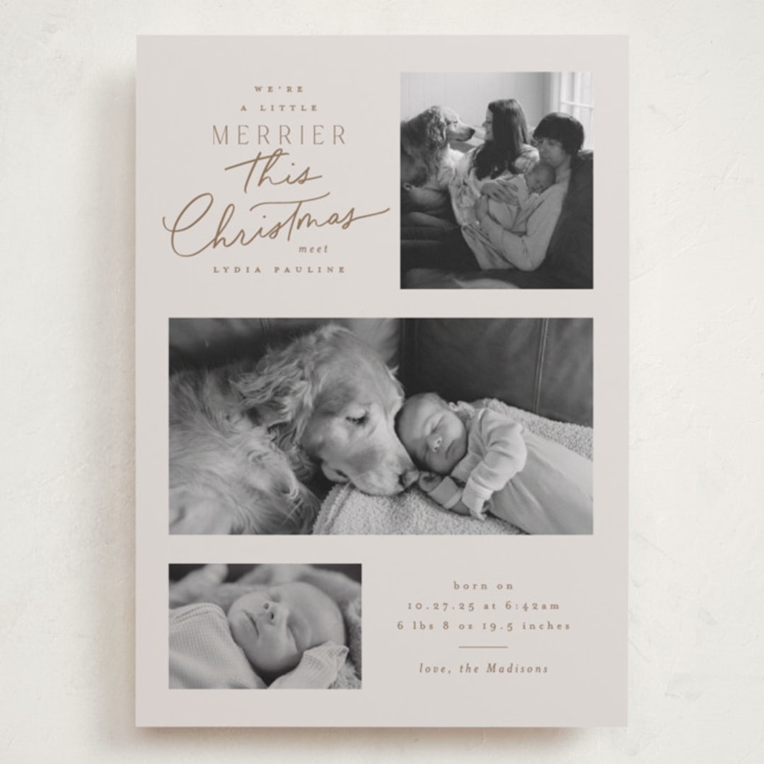 "Merrier This Year" - Holiday Birth Announcement Cards in Toffee by Everett Paper Goods - Front