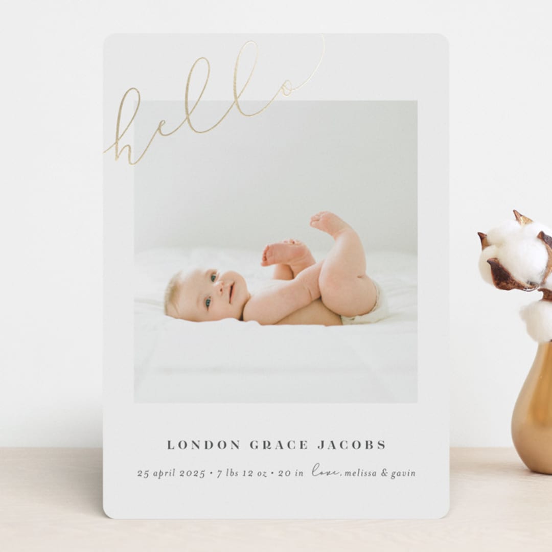 "Angled Hello" - Birth Announcements in Warm Grey by Shirley Lin Schneider - Front