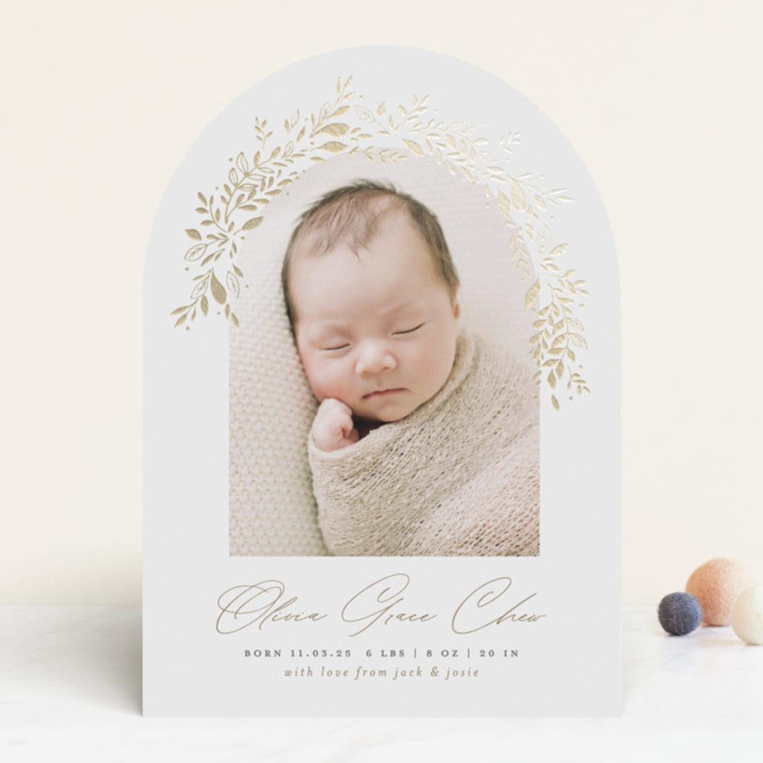"Floral Arch" - Birth Announcements in Fawn by Susan Zinader - Front
