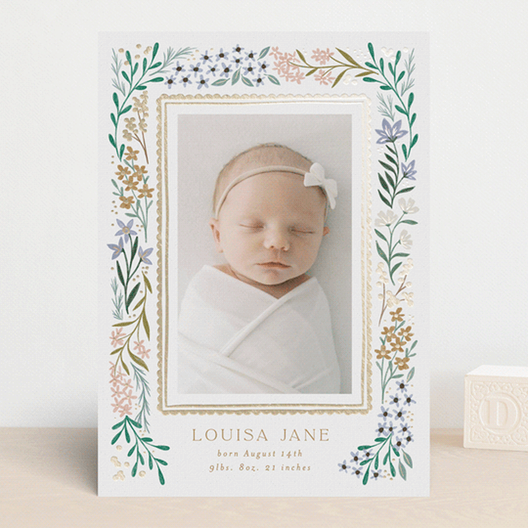 "Wildflower Frame" - Birth Announcements in Lavender by Alethea and Ruth - Front