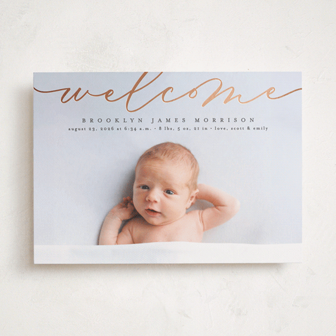 "Welcome Ribbon" - Birth Announcements in Charcoal by Erica Krystek - Front