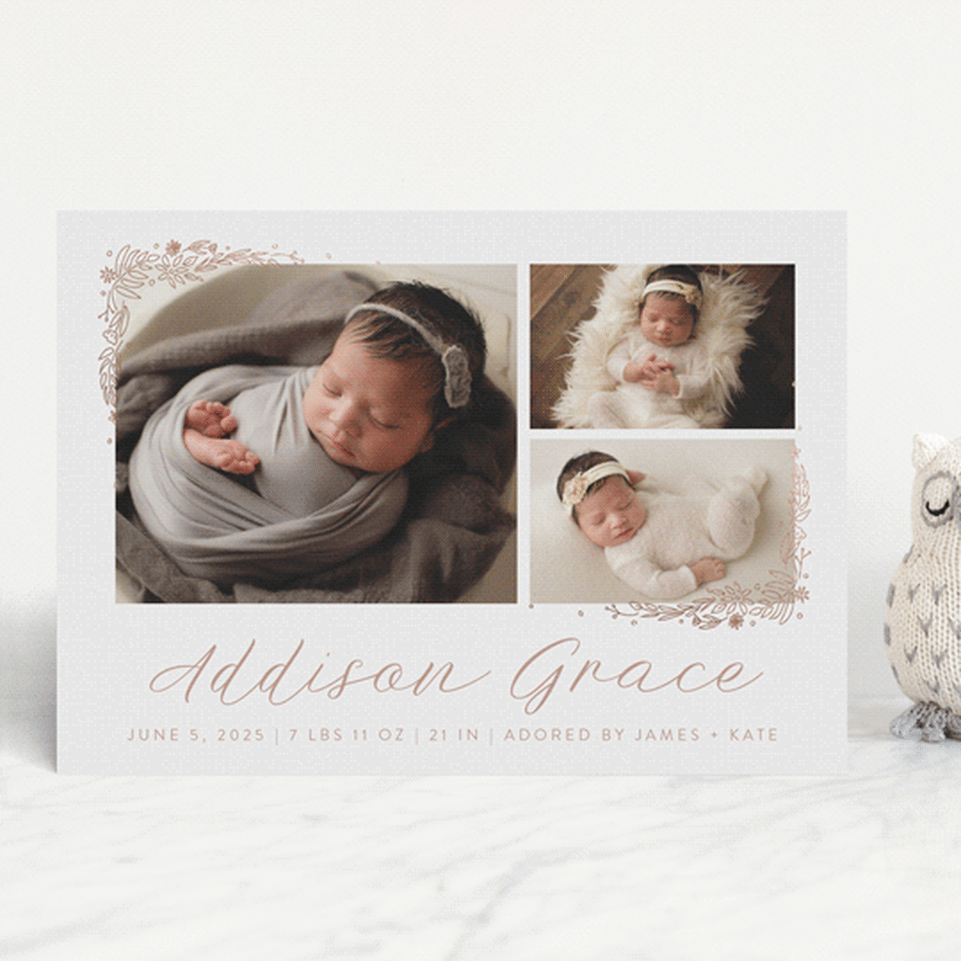 "Delicate Collage" - Birth Announcements in Burnt Rose by Amy Payne - Front