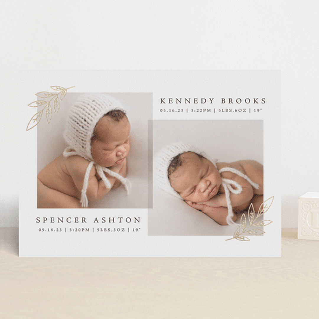 "Leaf Duet" - Birth Announcements in Mocha by Olivia Raufman - Front