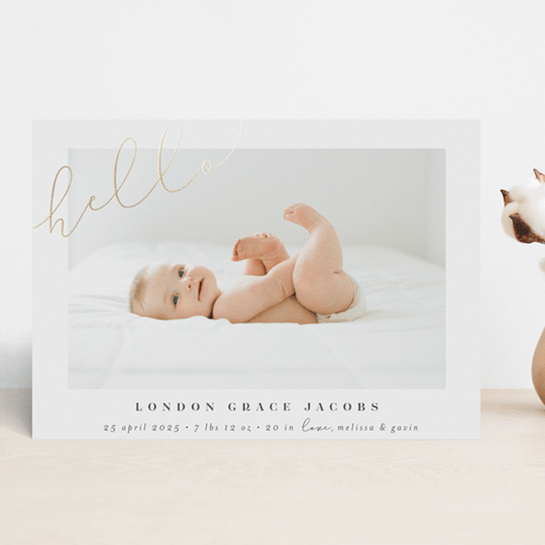 "Angled Hello" - Birth Announcements in Warm Grey by Shirley Lin Schneider - Front