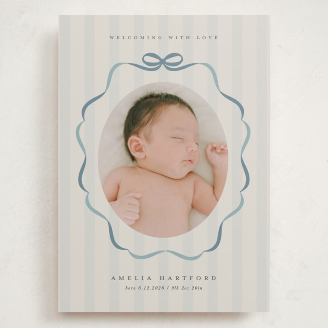 "bows and stripes" - Birth Announcements in Lagoon by Lori Wemple - Front