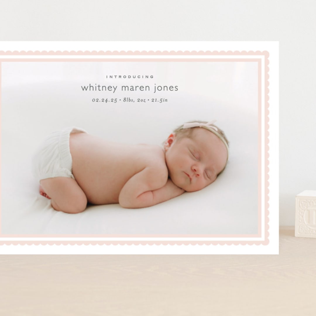 "Scalloped Border" - Birth Announcements in Baby Blush by Carolyn MacLaren - Front