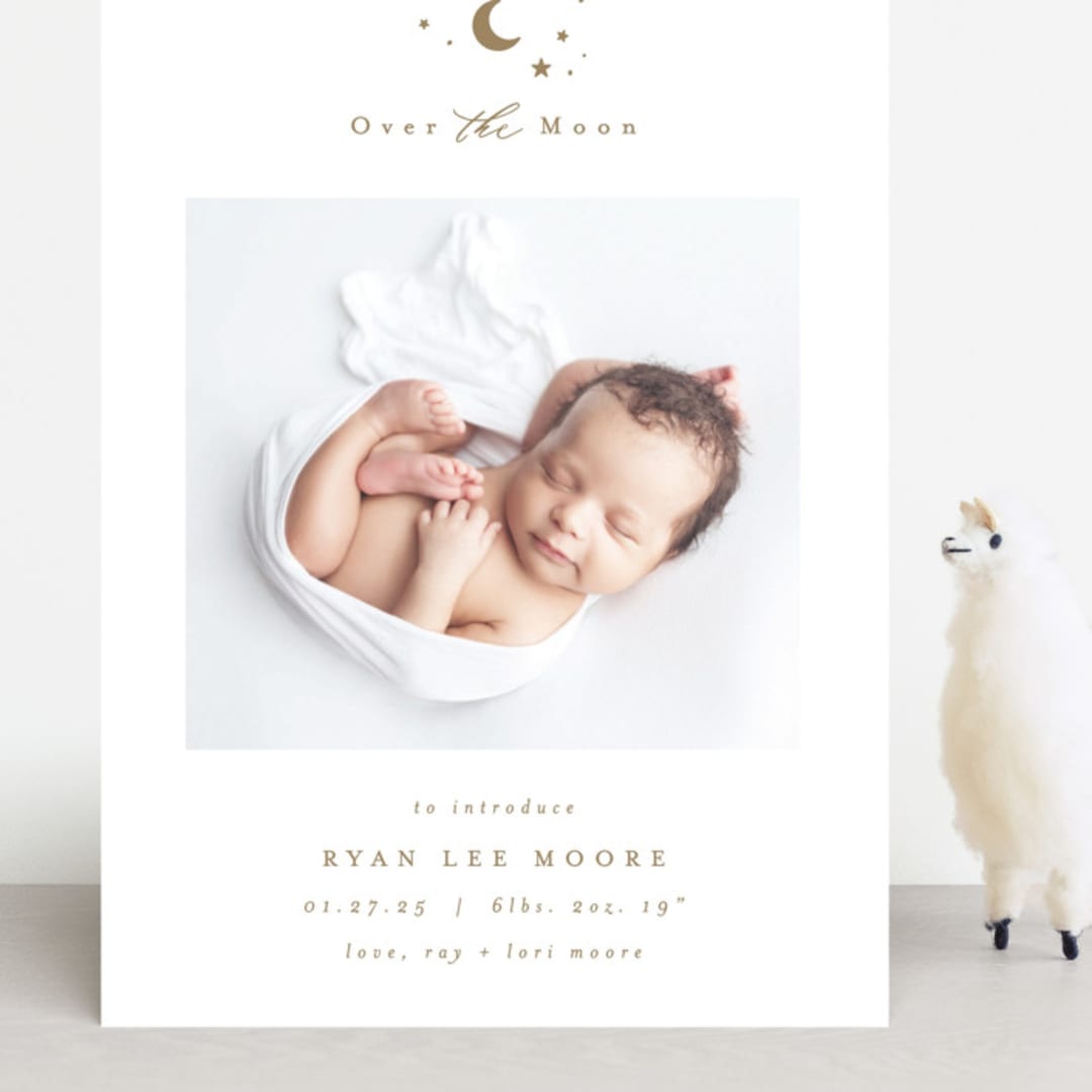 "Over the Moon" - Birth Announcements in Fawn by AK Graphics - Front