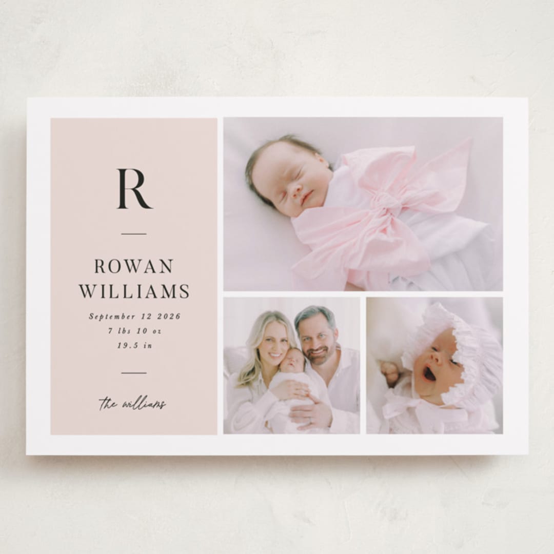 "Monogram Block" - Birth Announcements in Blush by Robert and Stella - Front