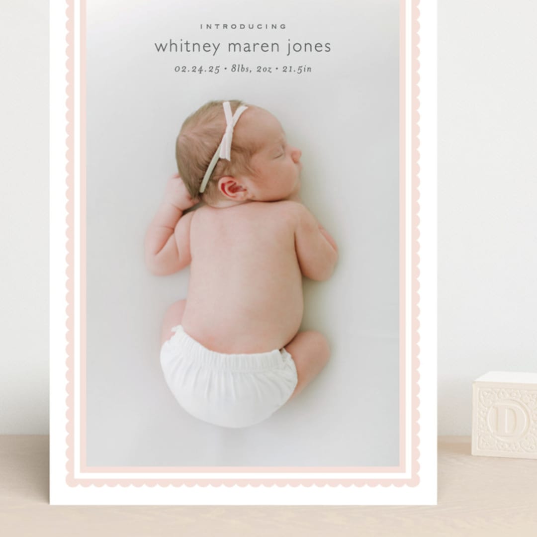"Scalloped Border" - Birth Announcements in Baby Blush by Carolyn MacLaren - Front