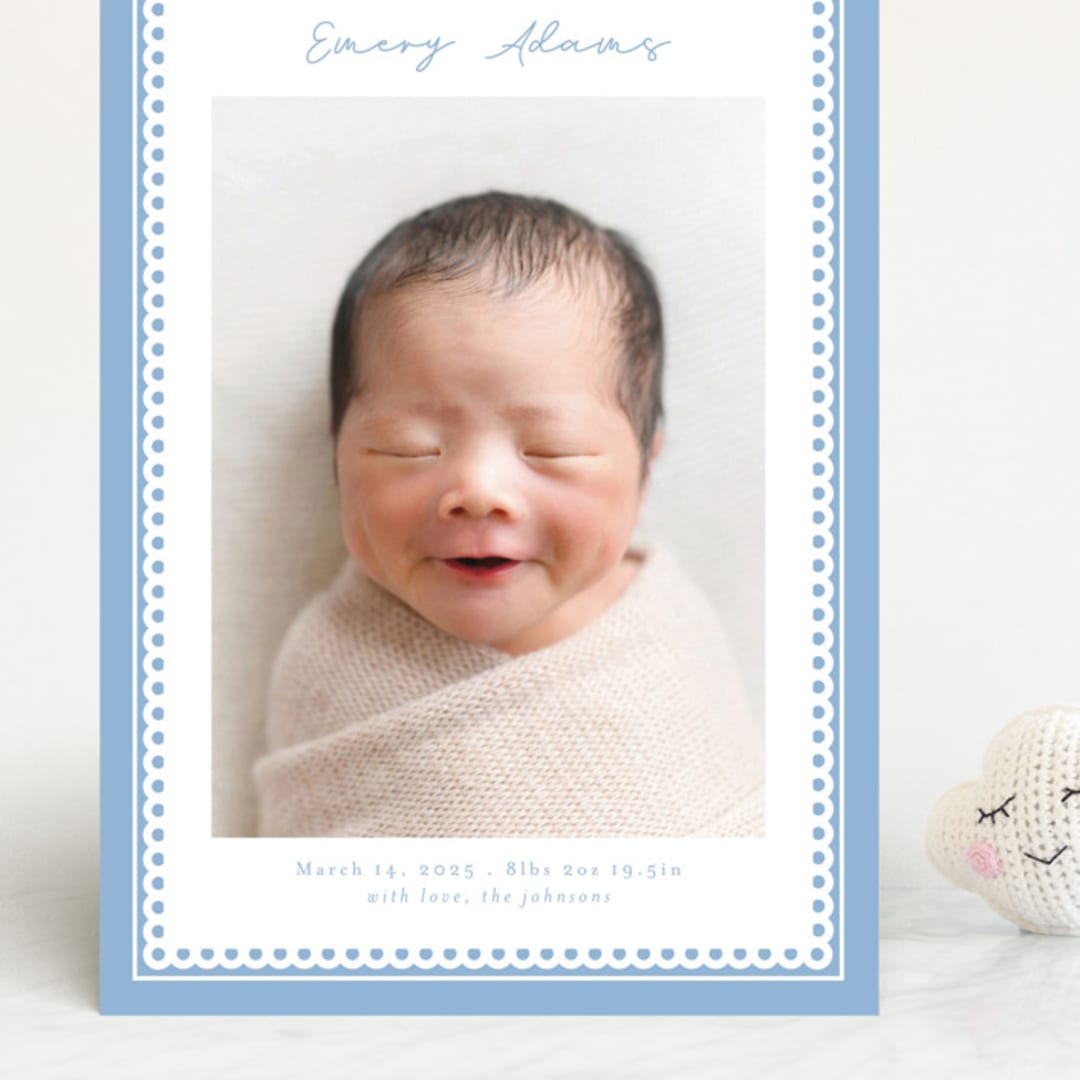 "Stitched Frame" - Birth Announcements in Sky by Nicole Walsh - Front